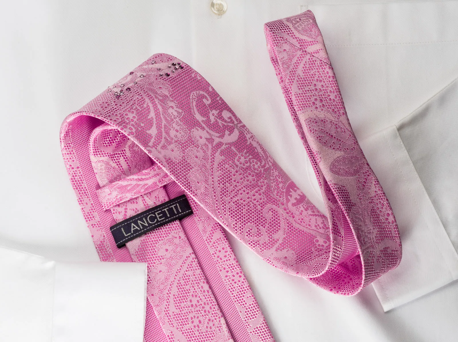 Lancetti Rhinestone Tie Butterflies On Pink Woven Silk