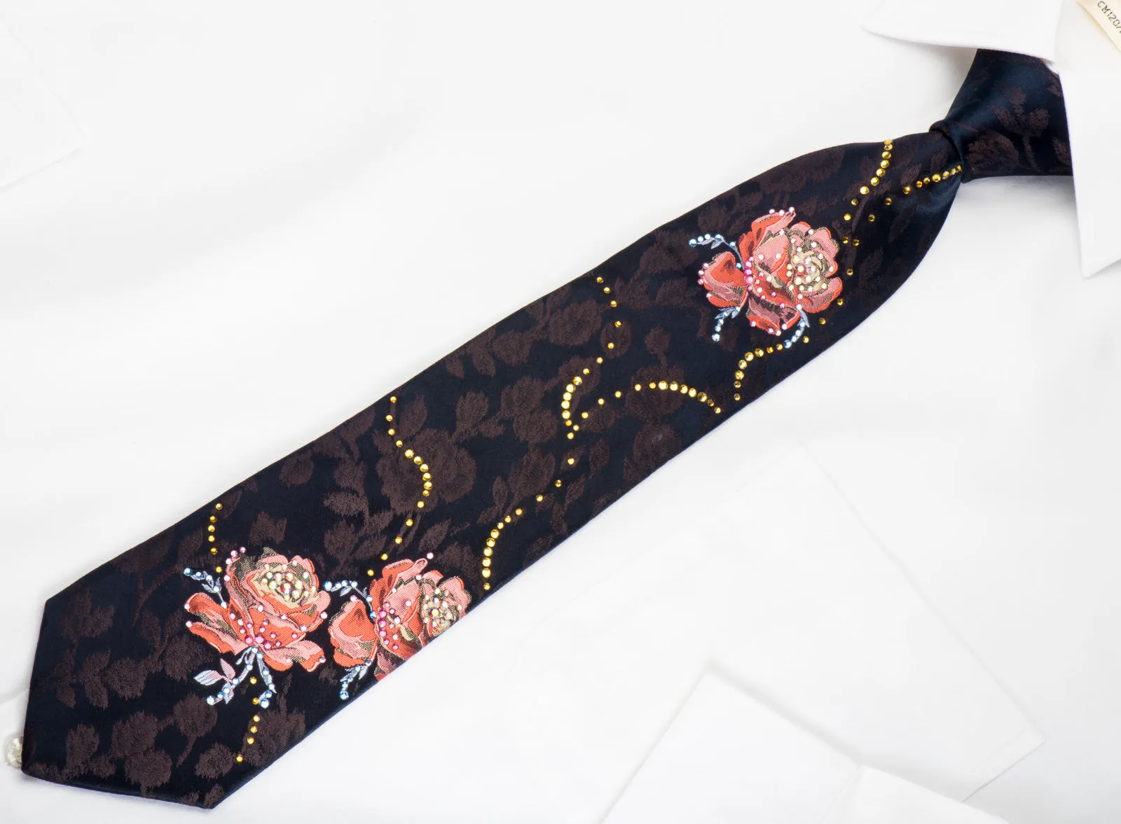 Lancetti Woven Silk Tie Pink Roses On Navy With Rhinestones