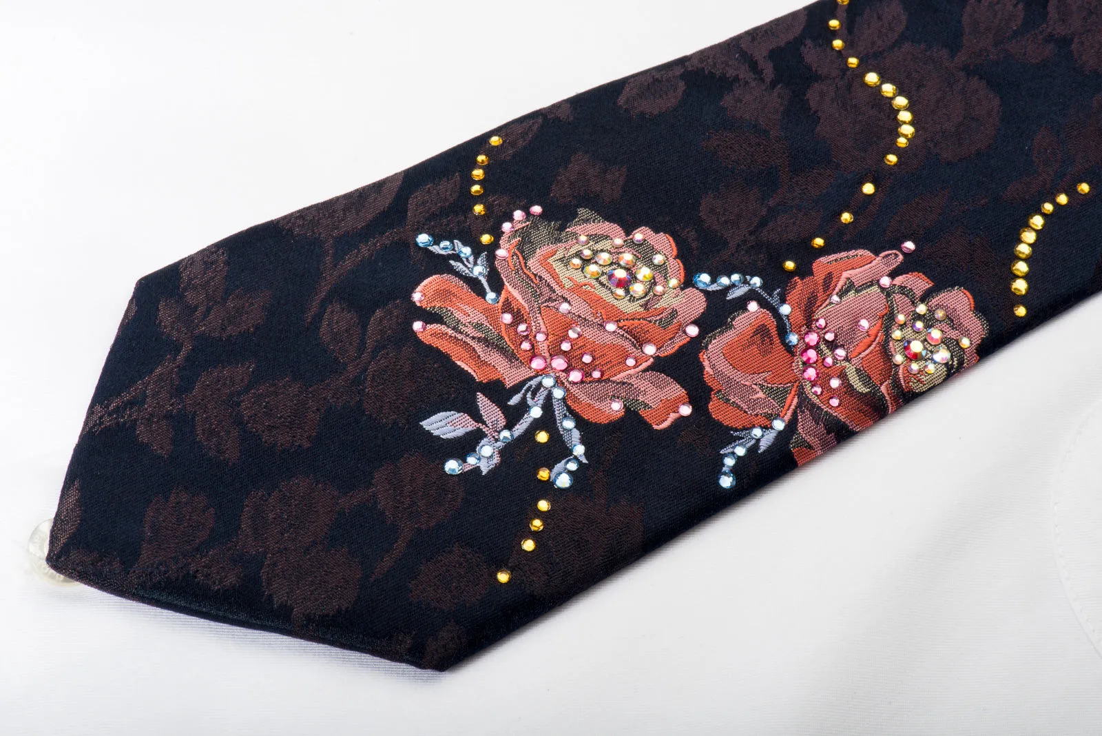 Lancetti Woven Silk Tie Pink Roses On Navy With Rhinestones