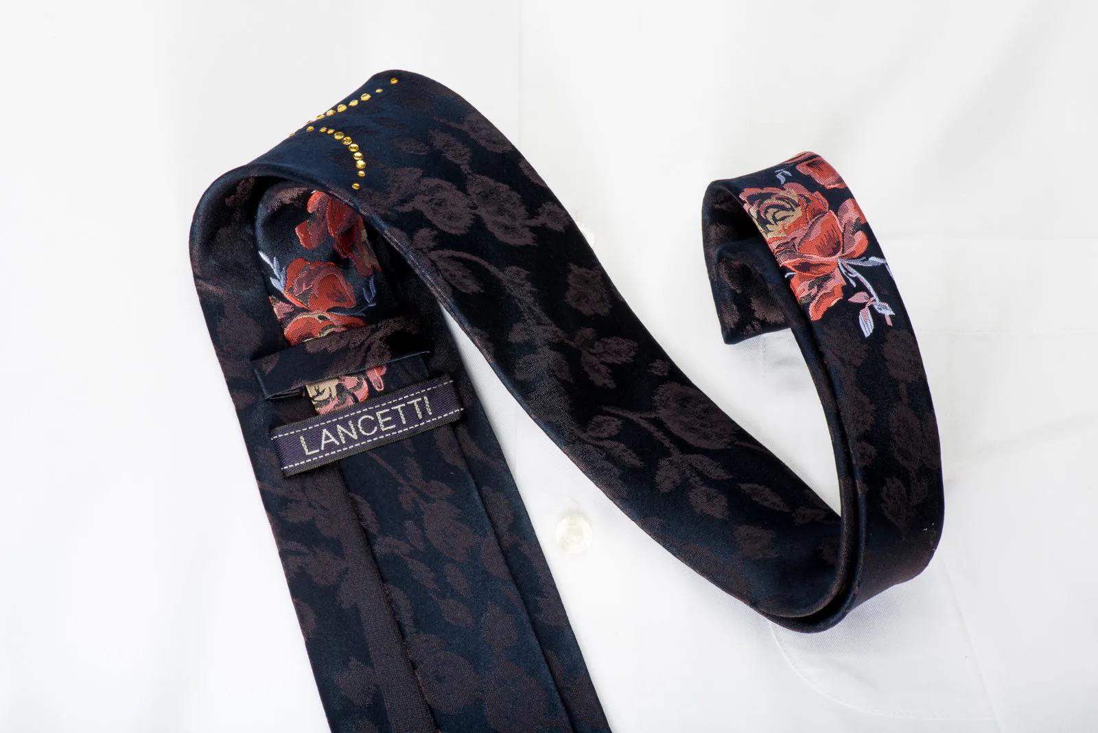 Lancetti Woven Silk Tie Pink Roses On Navy With Rhinestones