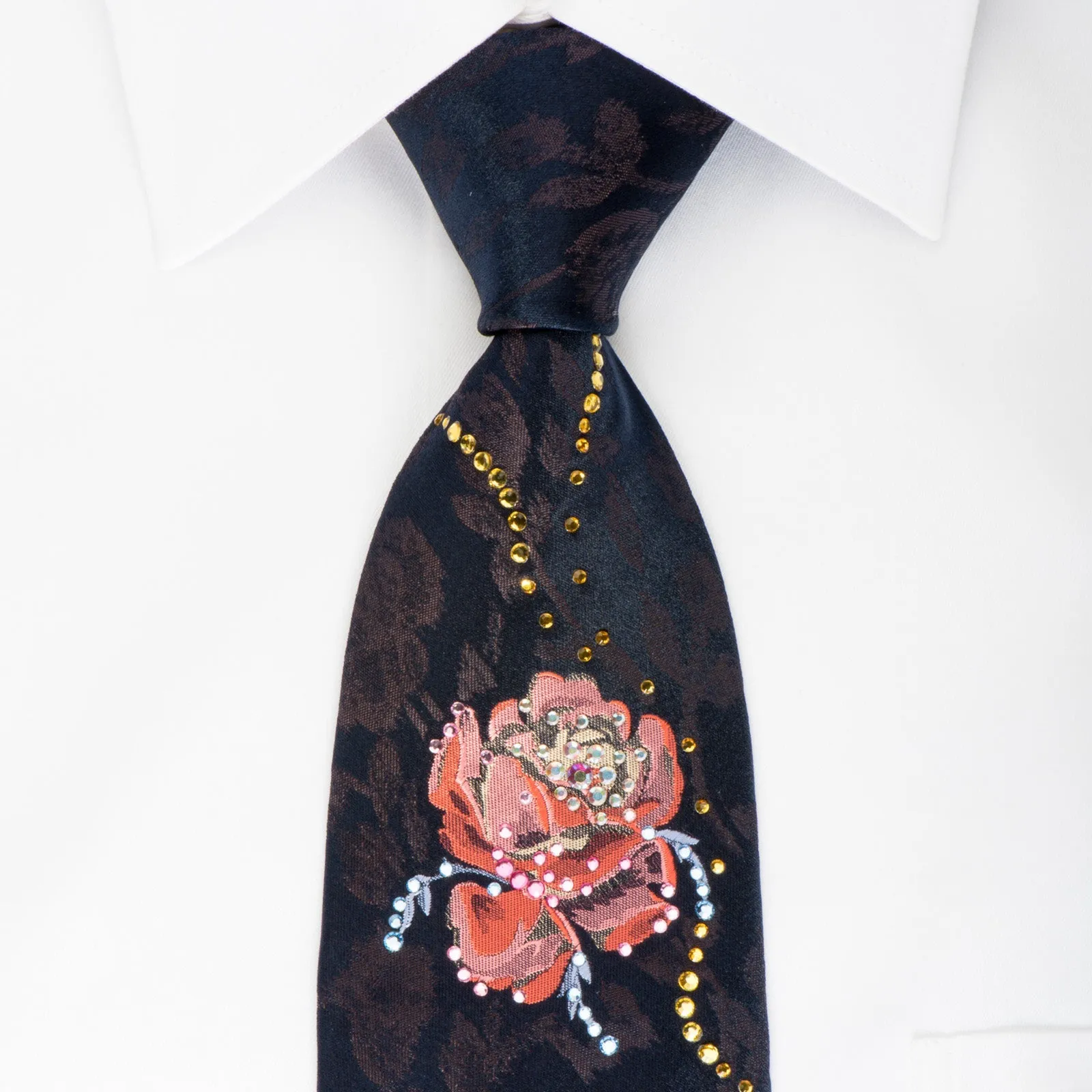 Lancetti Woven Silk Tie Pink Roses On Navy With Rhinestones