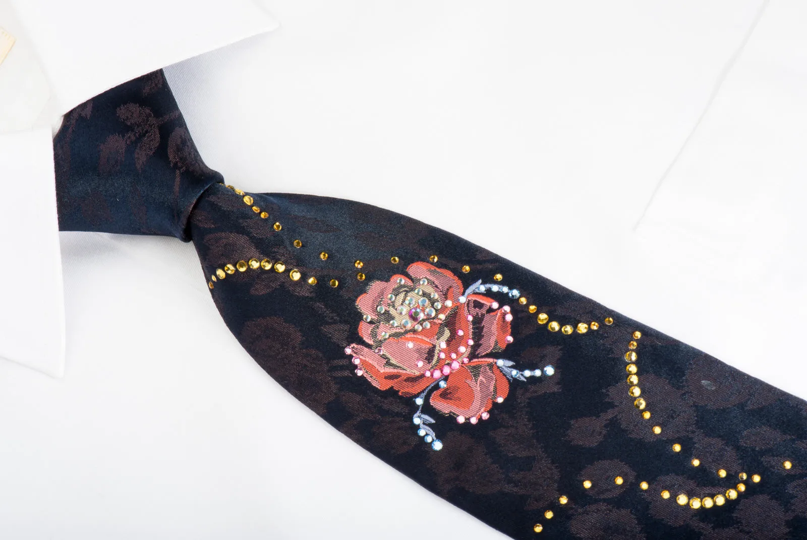 Lancetti Woven Silk Tie Pink Roses On Navy With Rhinestones