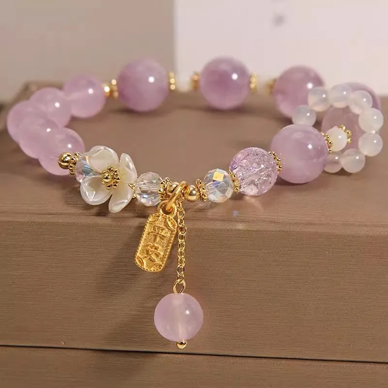 Lavander Purple Chalcedony Crystal Bracelets, White Agate Blue Flower Bracelet