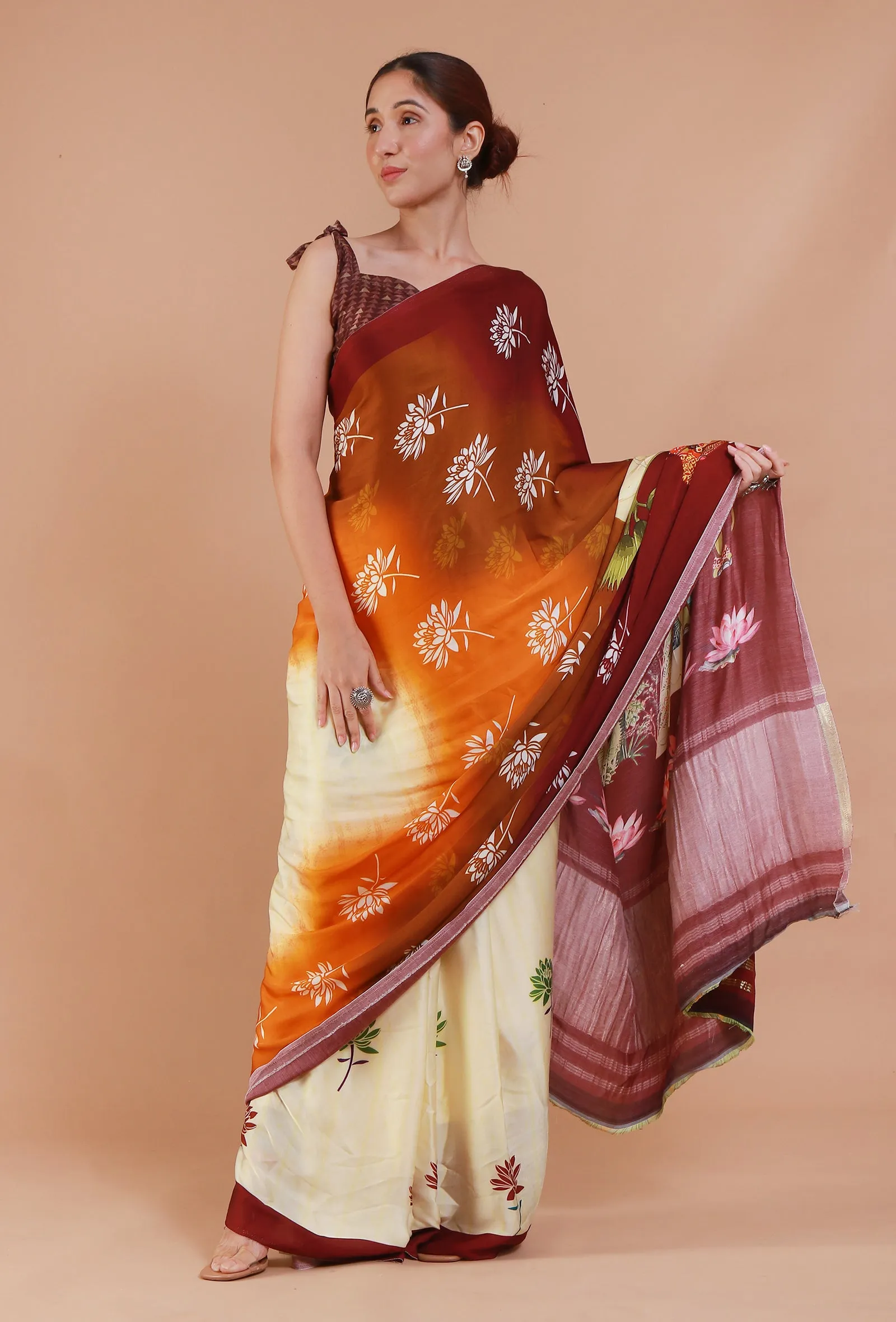 Maroon & Off White Digital Print Modal Silk Saree