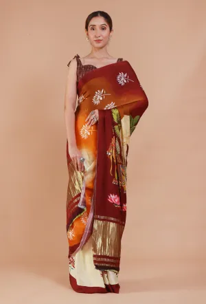 Maroon & Off White Digital Print Modal Silk Saree