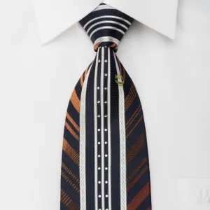 MCM Silk Tie Silver Orange Vertical Striped On Navy Sparkling With Rhinestones