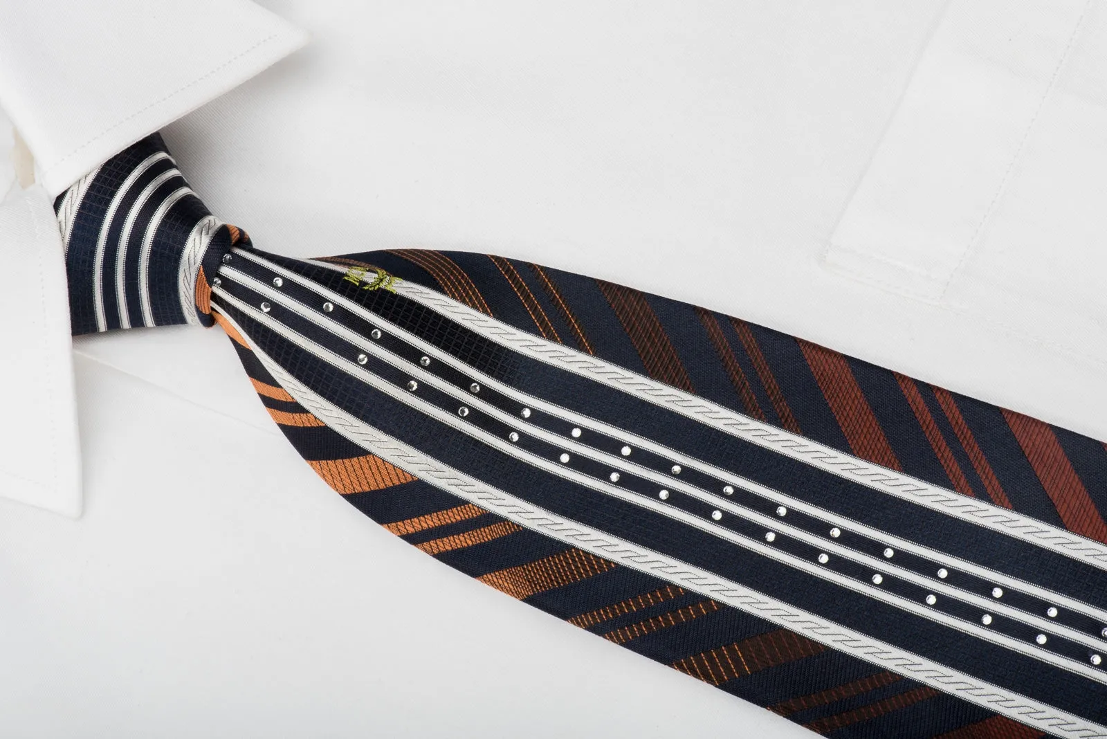 MCM Silk Tie Silver Orange Vertical Striped On Navy Sparkling With Rhinestones