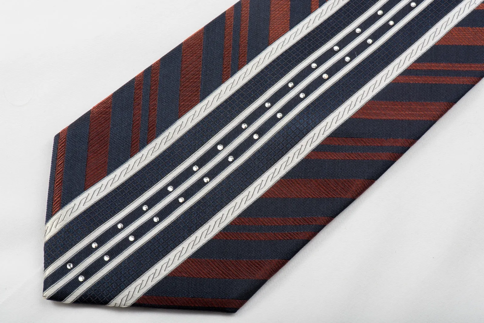 MCM Silk Tie Silver Orange Vertical Striped On Navy Sparkling With Rhinestones