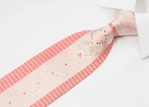 Michel Klein Men's Rhinestone Necktie White Damask On Pink With Red Stripes