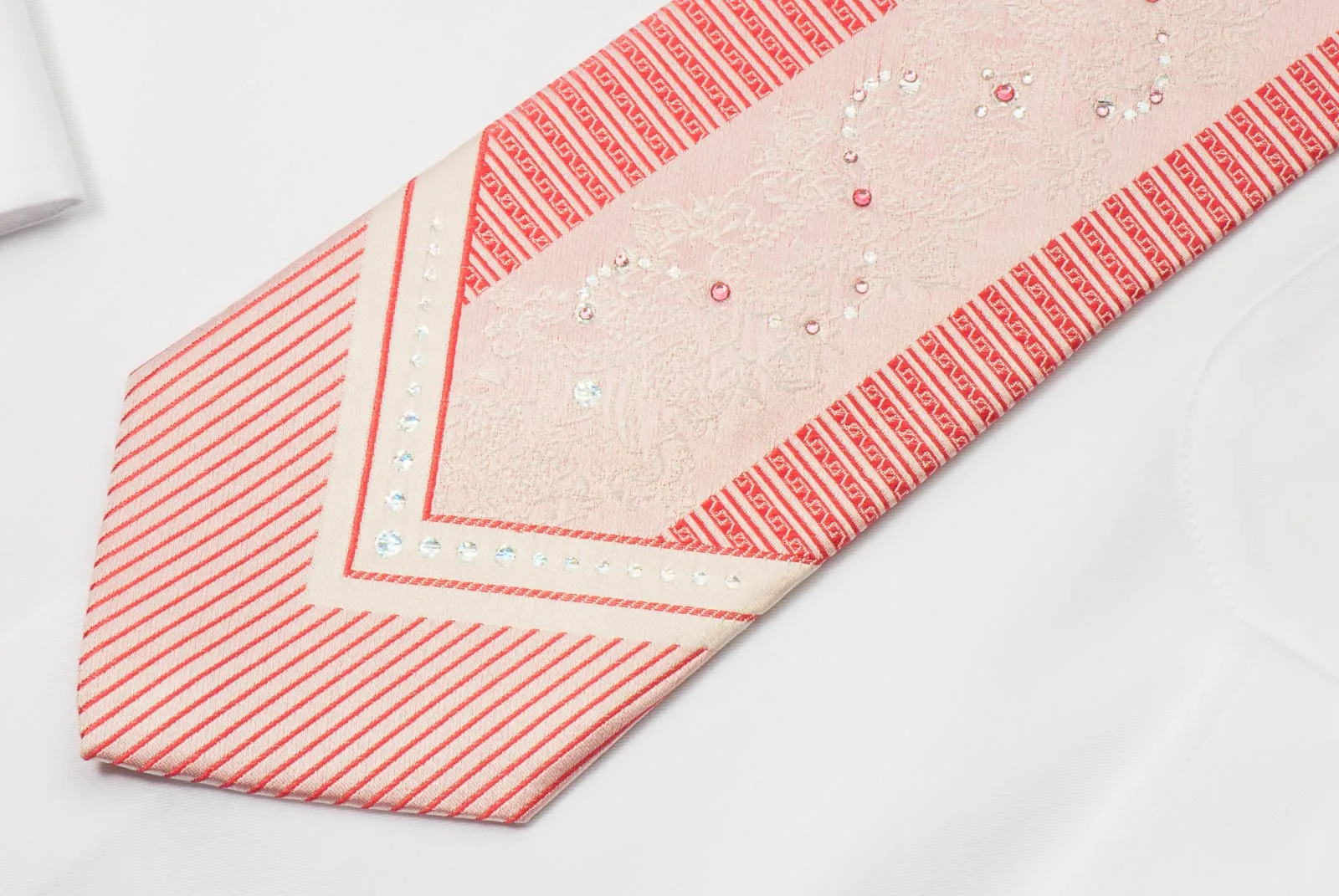 Michel Klein Men's Rhinestone Necktie White Damask On Pink With Red Stripes