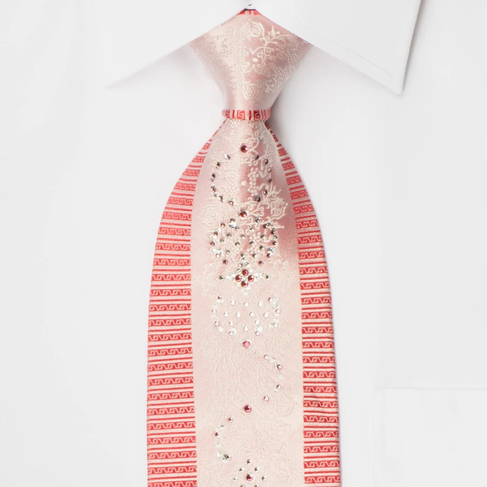 Michel Klein Men's Rhinestone Necktie White Damask On Pink With Red Stripes