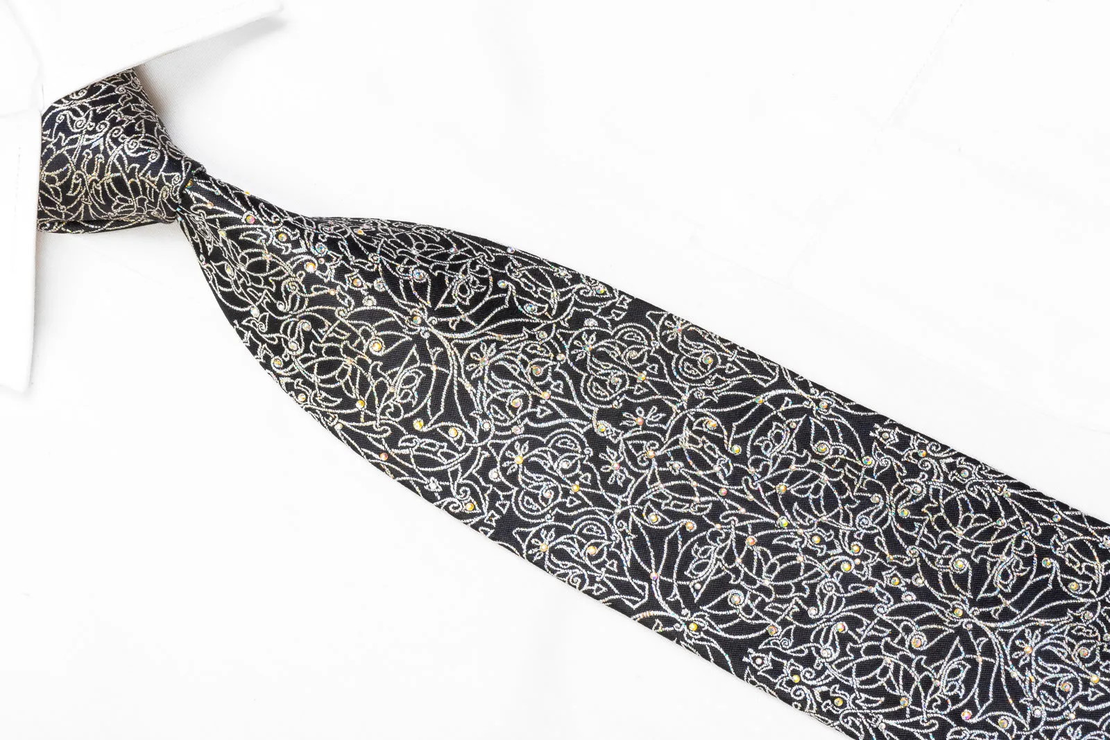 Mila Schon Mens Crystal Rhinestone Necktie Silver Filigree On Navy With Sparkles