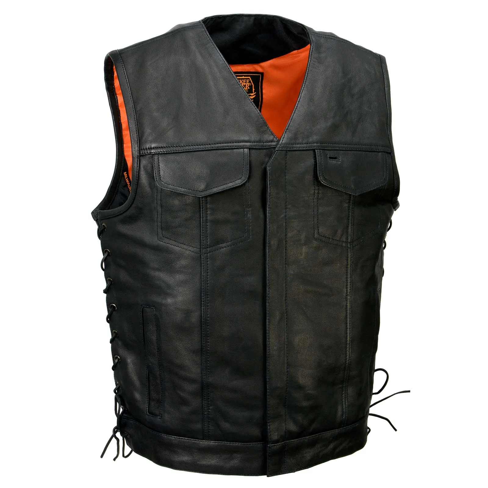 Milwaukee Leather MLM3504 Men's Black 'Pursuit' V Neck Club Style Motorcycle Leather Vest with Adjustable Side Laces