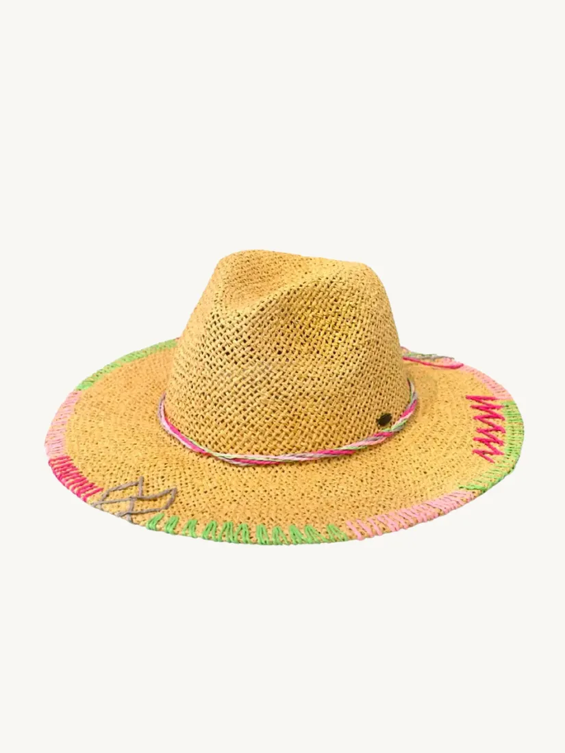 Multi-Colored Stitched Brim Panama Hat Light Natural