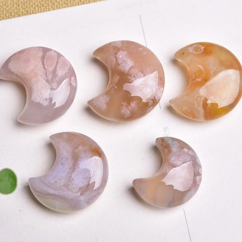 Natural Flower Agate Moon Pendant Crystal Transparent