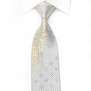 Nicole St Giles Men's Crystal Silk Tie Golden Scrolls On Silver White With Sparkles