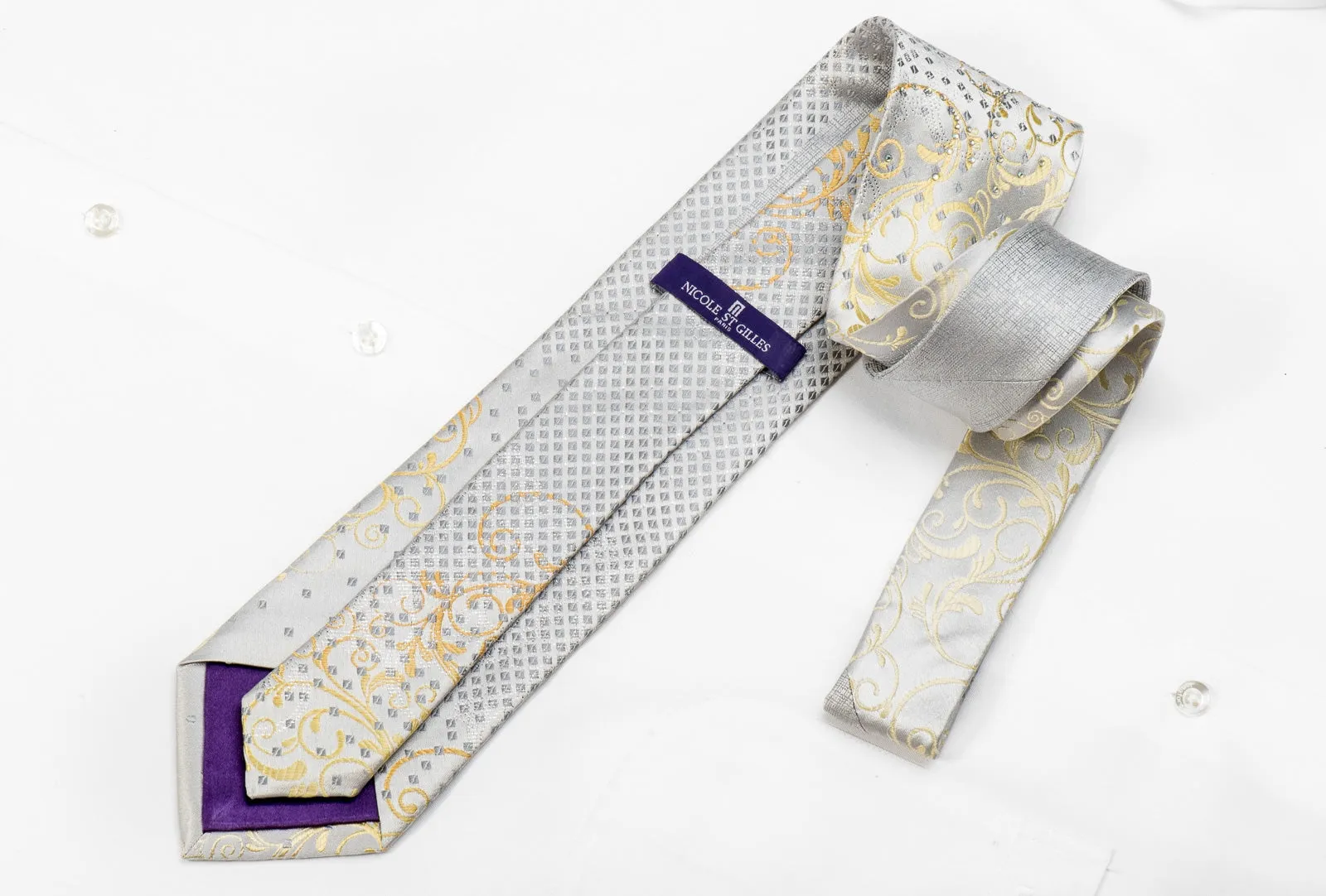 Nicole St Giles Men's Crystal Silk Tie Golden Scrolls On Silver White With Sparkles