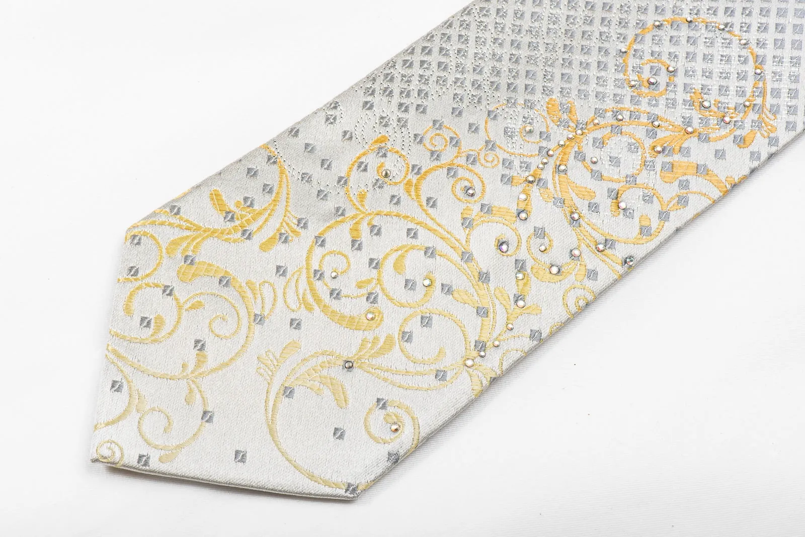 Nicole St Giles Men's Crystal Silk Tie Golden Scrolls On Silver White With Sparkles