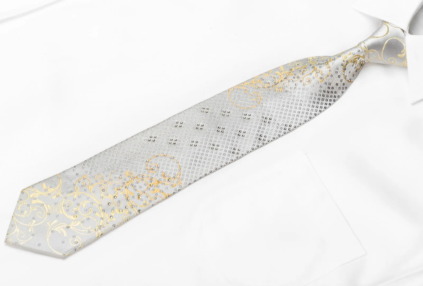 Nicole St Giles Men's Crystal Silk Tie Golden Scrolls On Silver White With Sparkles