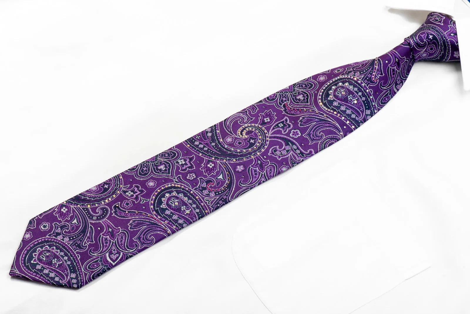 Nicole St Giles Rhinestone Silk Necktie Paisley On Purple With Sparkles