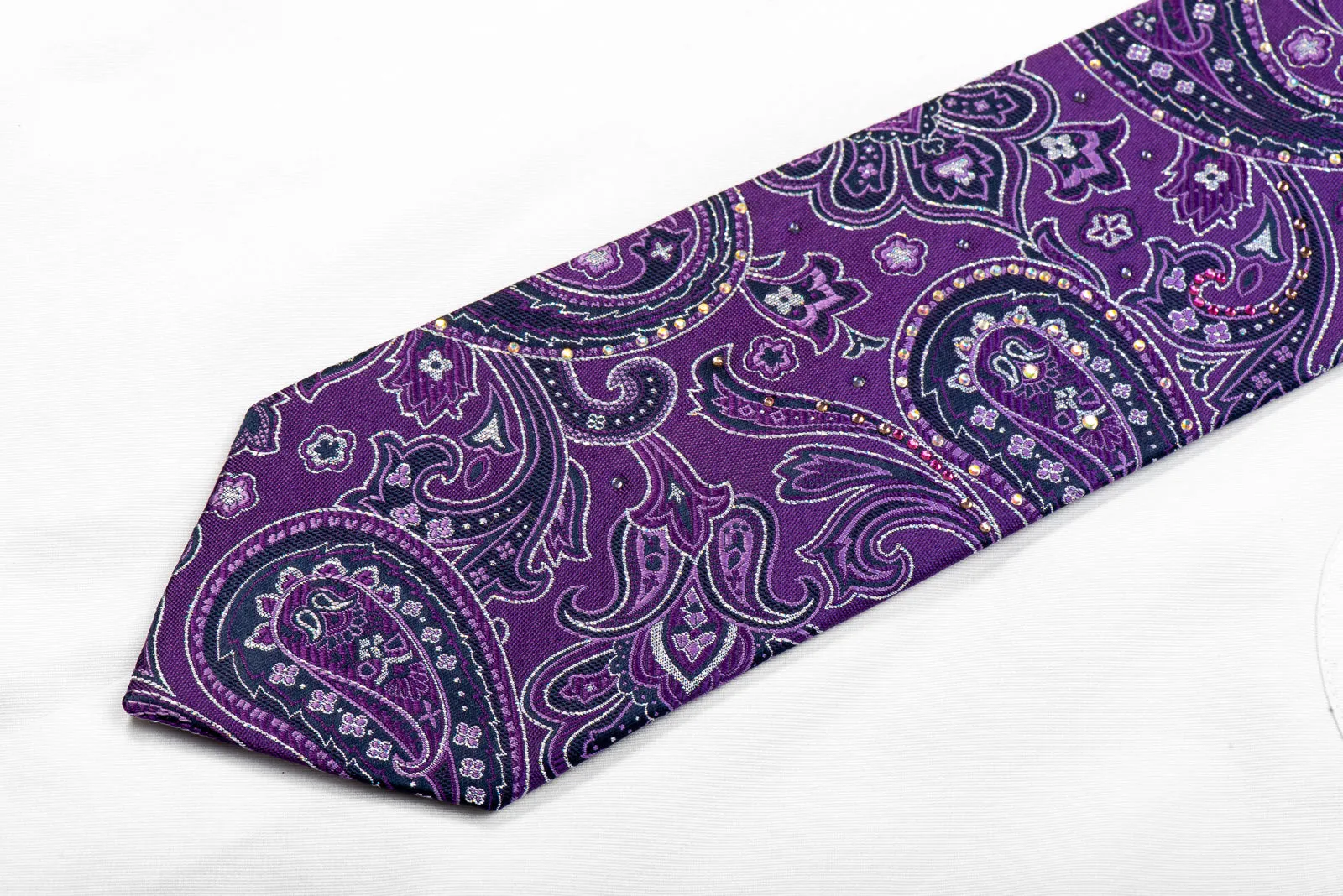 Nicole St Giles Rhinestone Silk Necktie Paisley On Purple With Sparkles