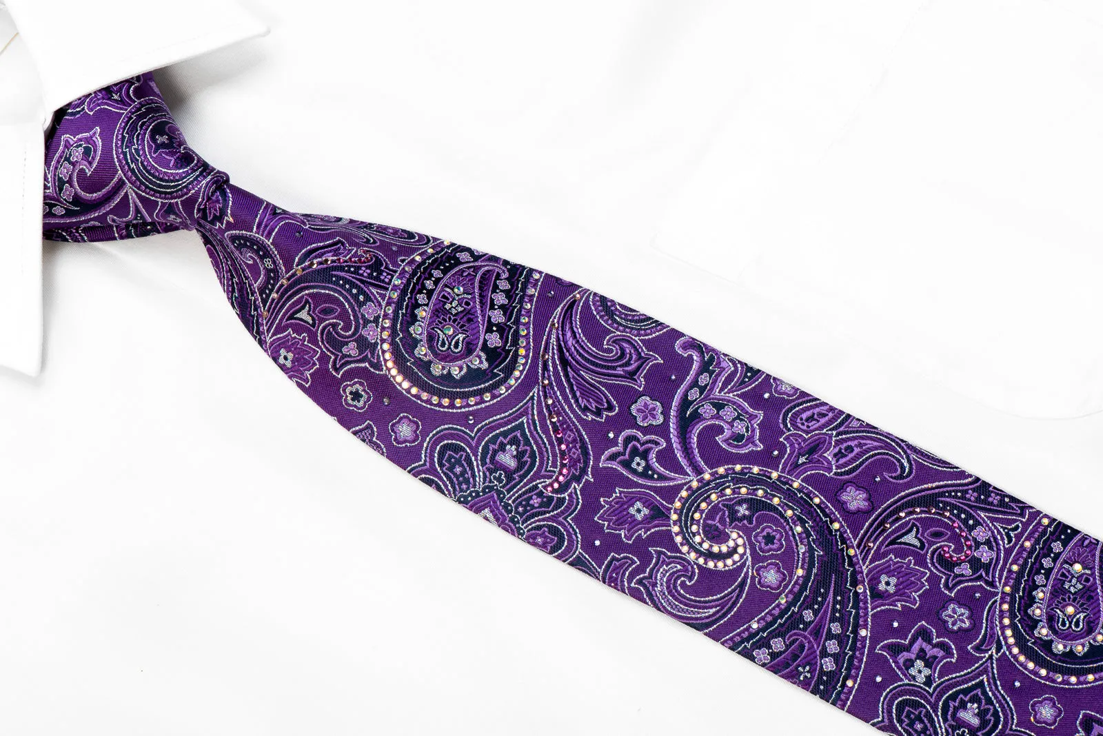 Nicole St Giles Rhinestone Silk Necktie Paisley On Purple With Sparkles