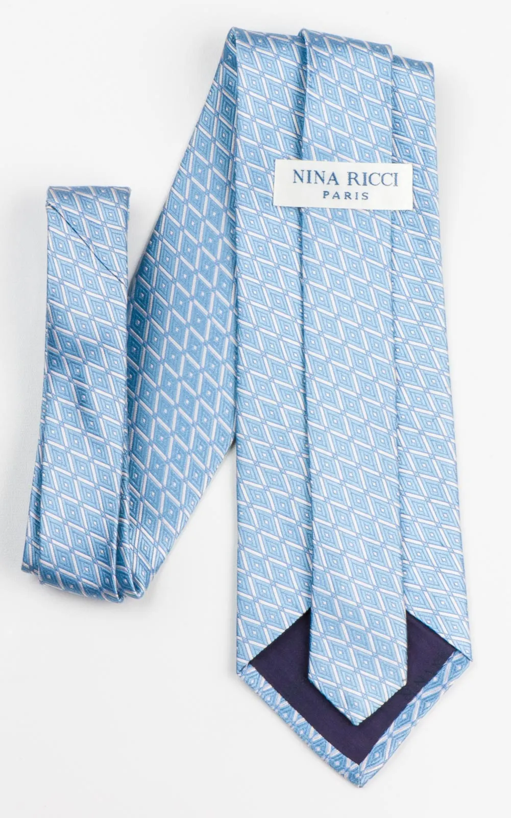 Nina Ricci Men's Woven Silk Tie Blue Checked Diamonds Pattern On White