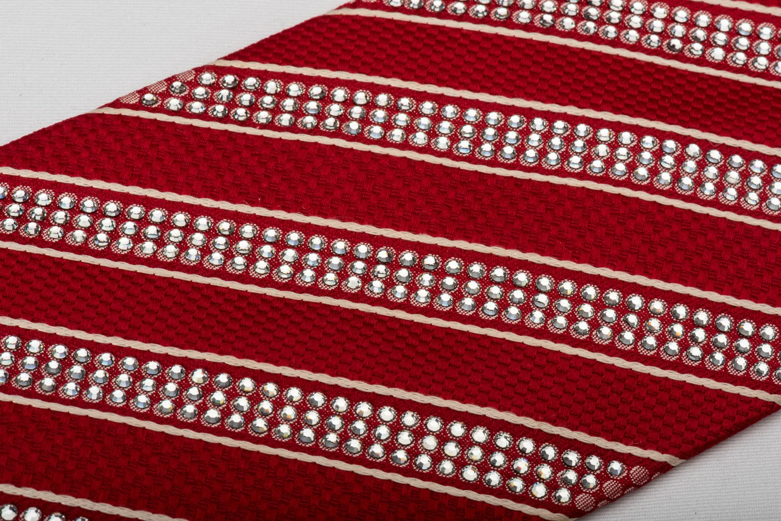 Nina Ricci Rhinestone Silk Tie Red Cream White Striped With Striped Crystals