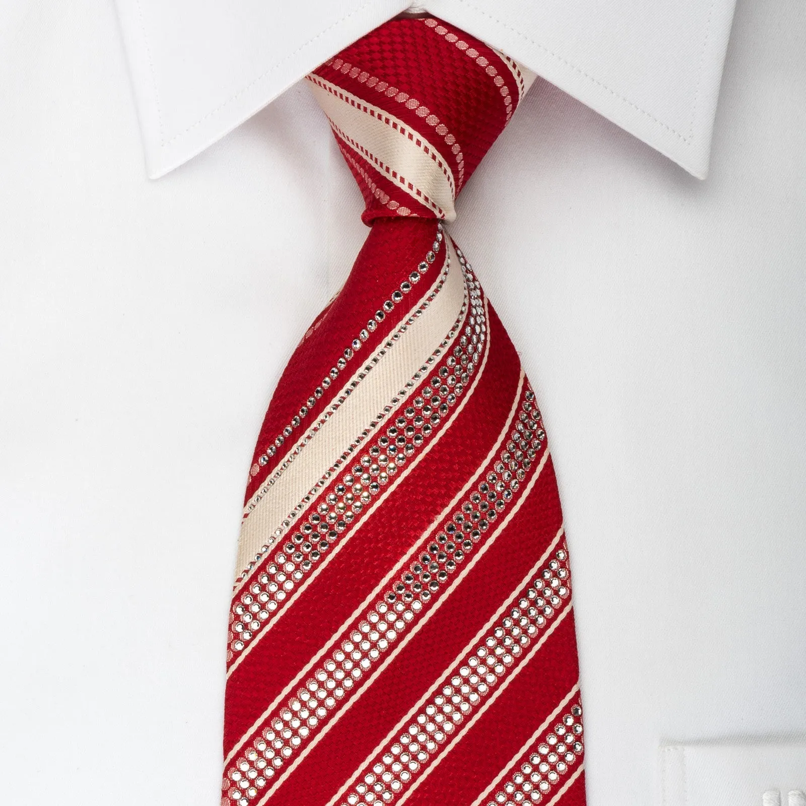 Nina Ricci Rhinestone Silk Tie Red Cream White Striped With Striped Crystals