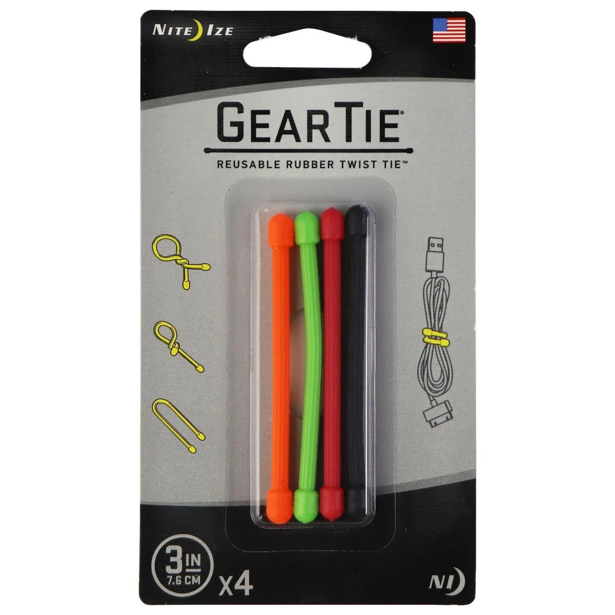 Nite Ize GearTie Reusable Rubber Twist Tie (3-inch) 4 Pack - Multi-Color