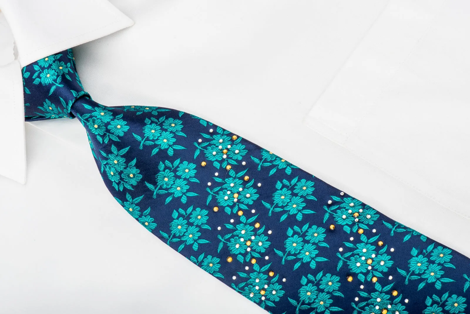 Odysseus Rhinestone Silk Necktie Green Floral On Blue