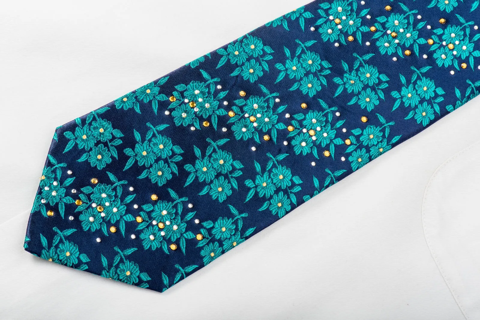 Odysseus Rhinestone Silk Necktie Green Floral On Blue