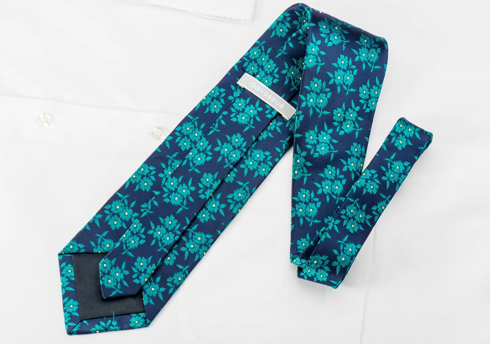 Odysseus Rhinestone Silk Necktie Green Floral On Blue