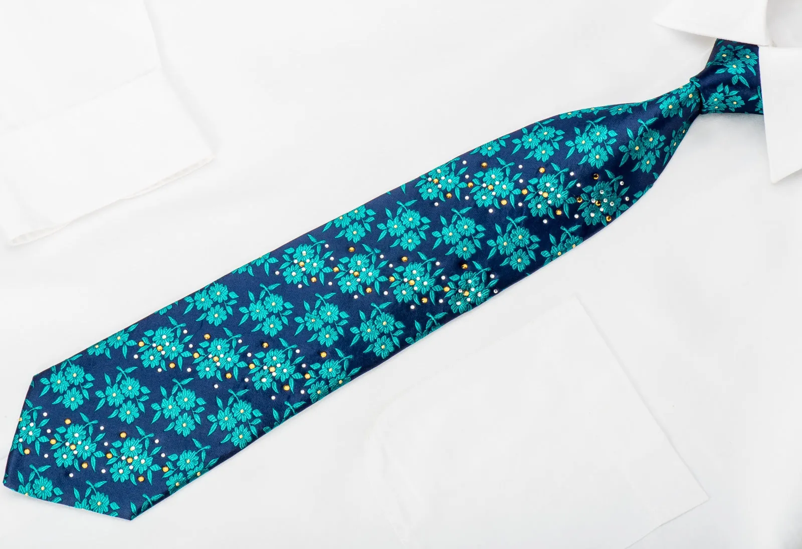 Odysseus Rhinestone Silk Necktie Green Floral On Blue