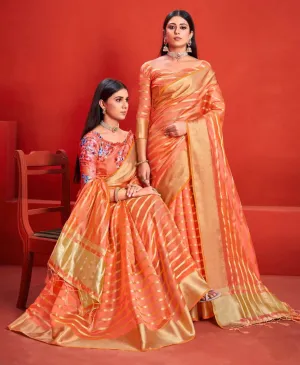 Organza Silk Golden Zari Border Orange saree with Two Blouses