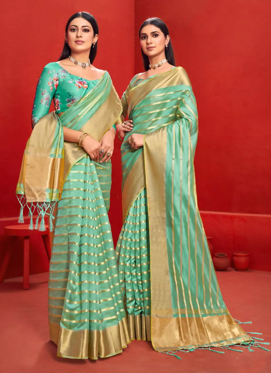 Organza Silk Golden Zari Border sarees with Two Blouses