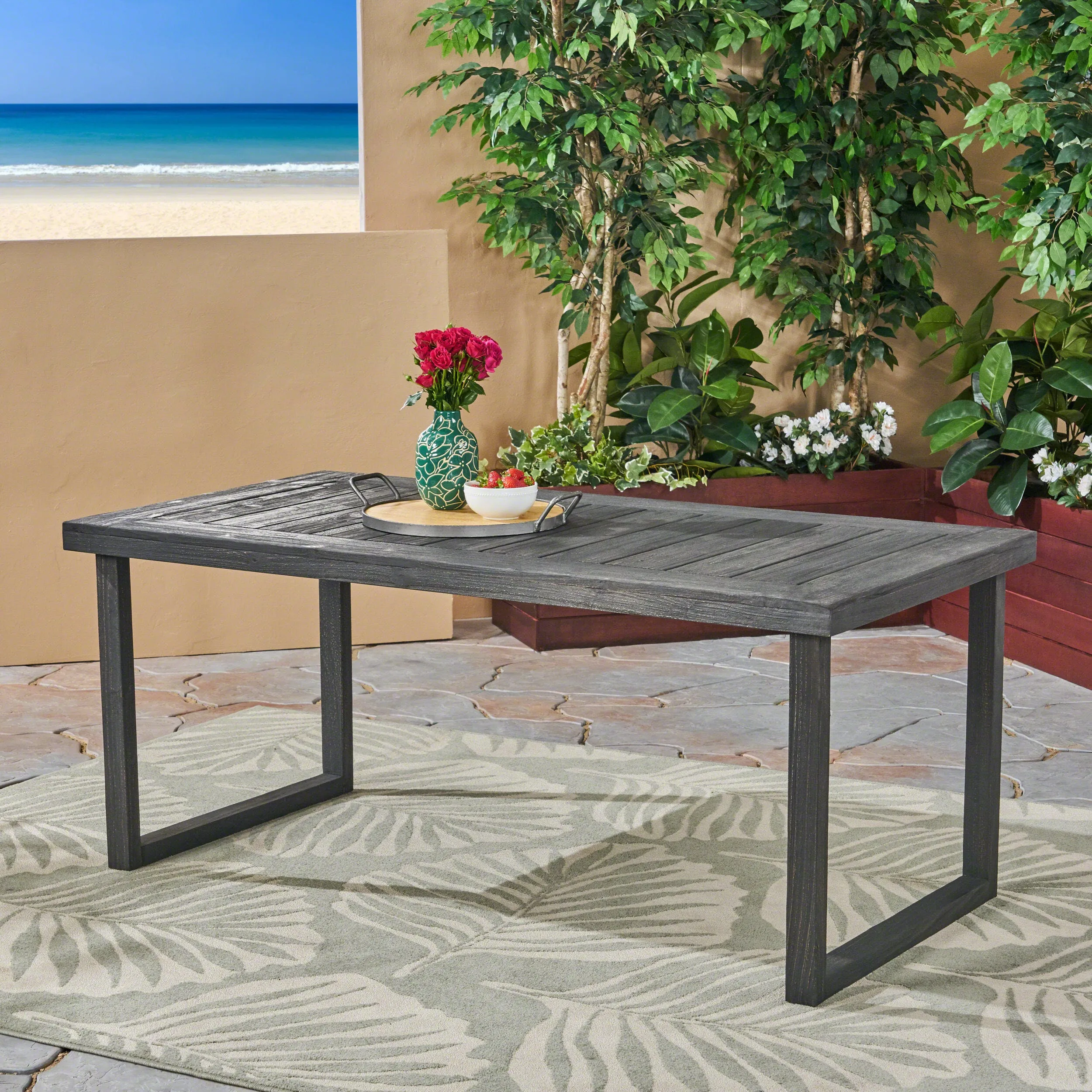 Outdoor 69" Acacia Wood Dining Table, Sandblast Dark Gray Finish