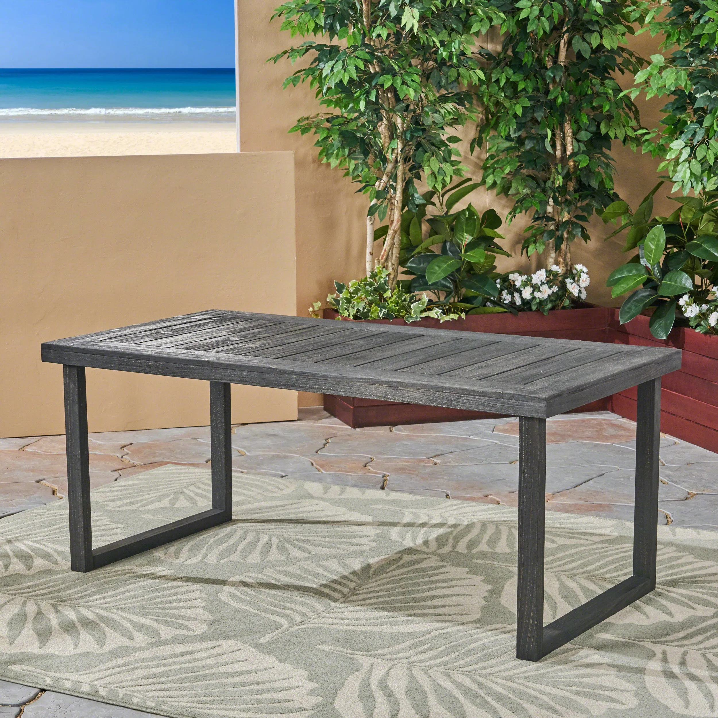 Outdoor 69" Acacia Wood Dining Table, Sandblast Dark Gray Finish