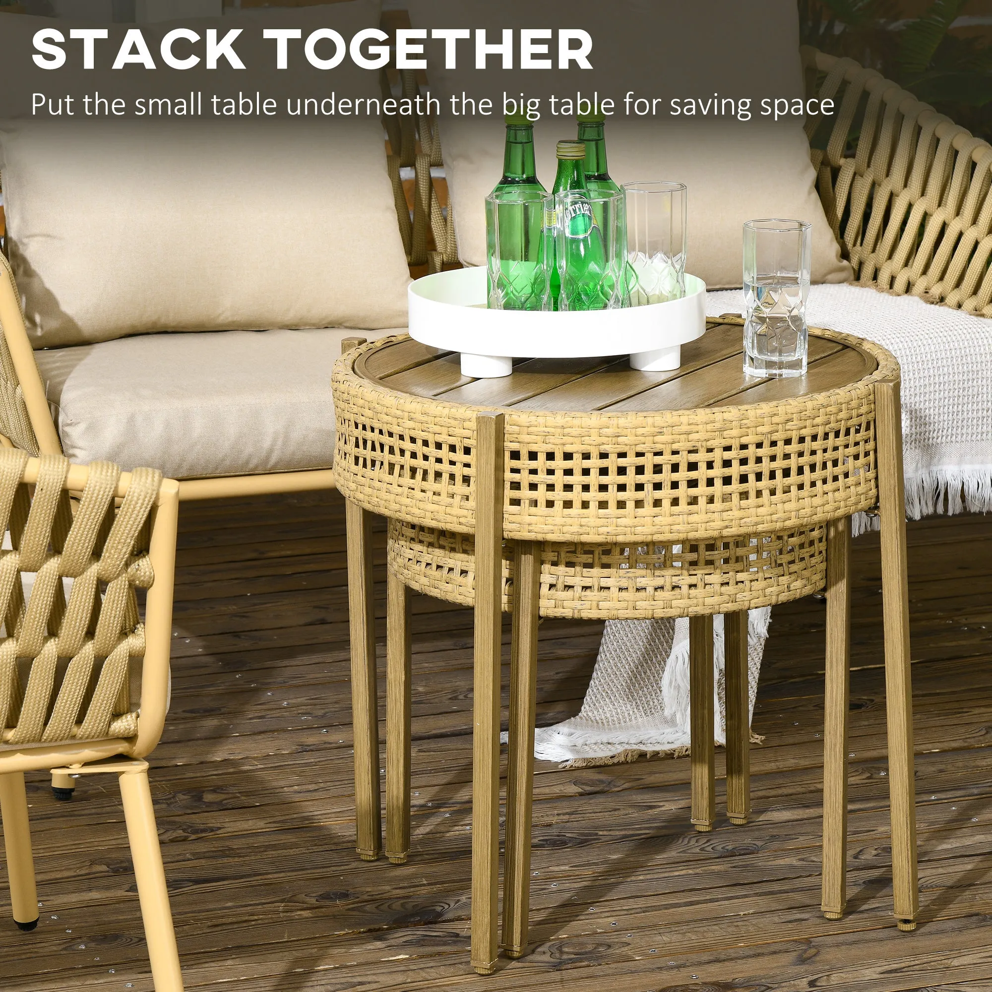 Outsunny 2 Piece Wicker Patio Table Set, PE Rattan End Table Set, Outdoor Round Coffee Table Set, Multi-Functional, Slatted Metal Top, Brown