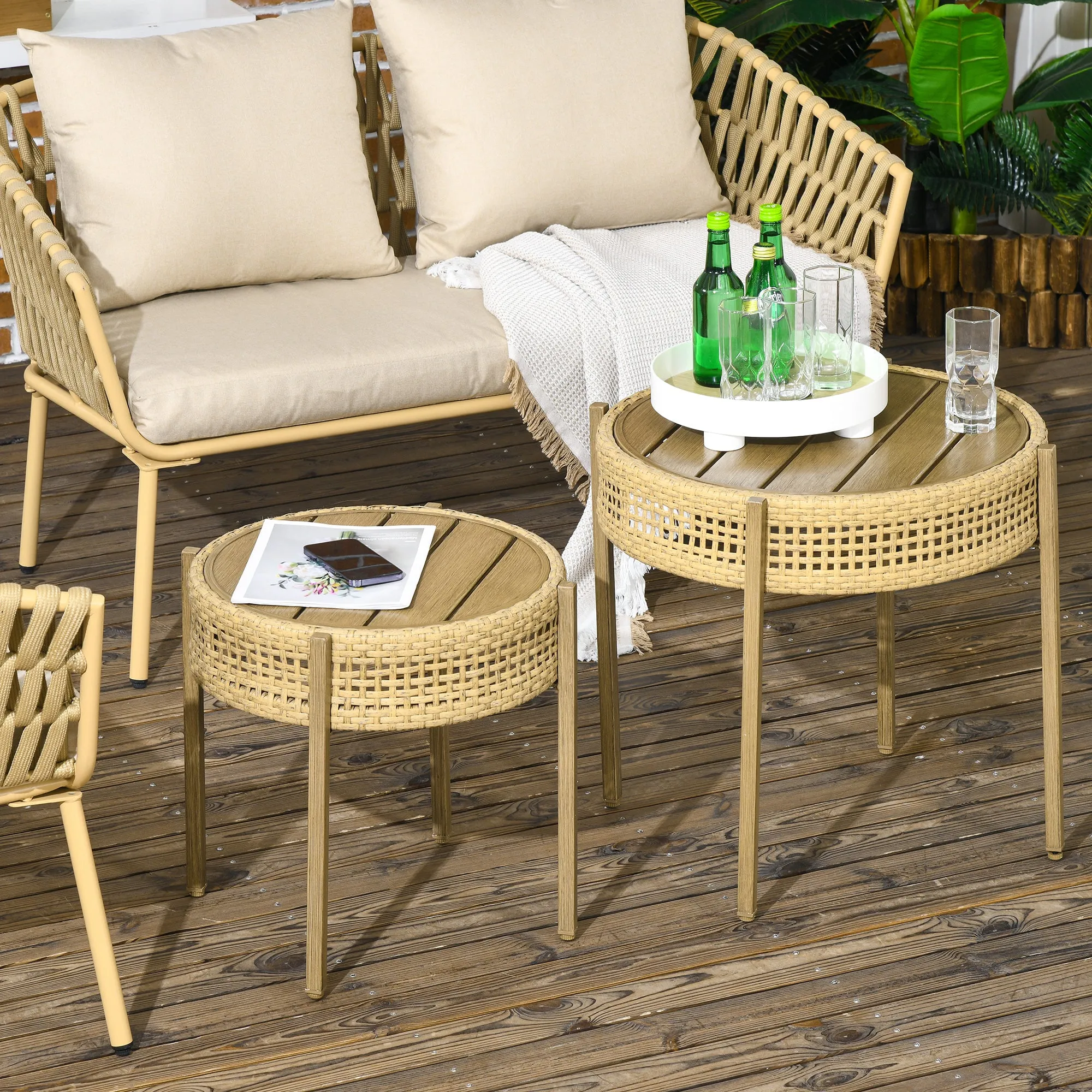 Outsunny 2 Piece Wicker Patio Table Set, PE Rattan End Table Set, Outdoor Round Coffee Table Set, Multi-Functional, Slatted Metal Top, Brown