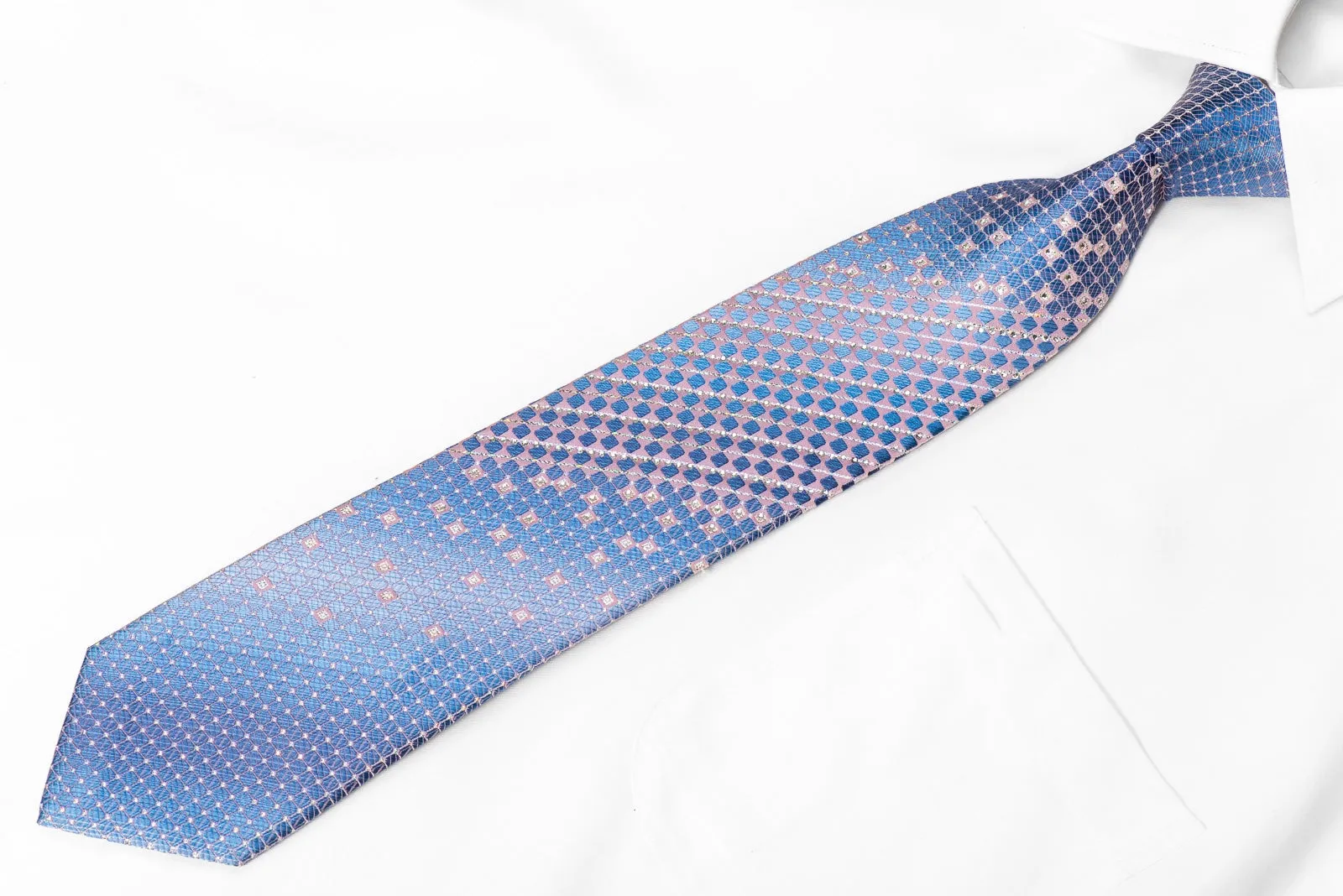 Park Land Men's Crystal Silk Necktie Mauve Trellis On Blue With Sparkles