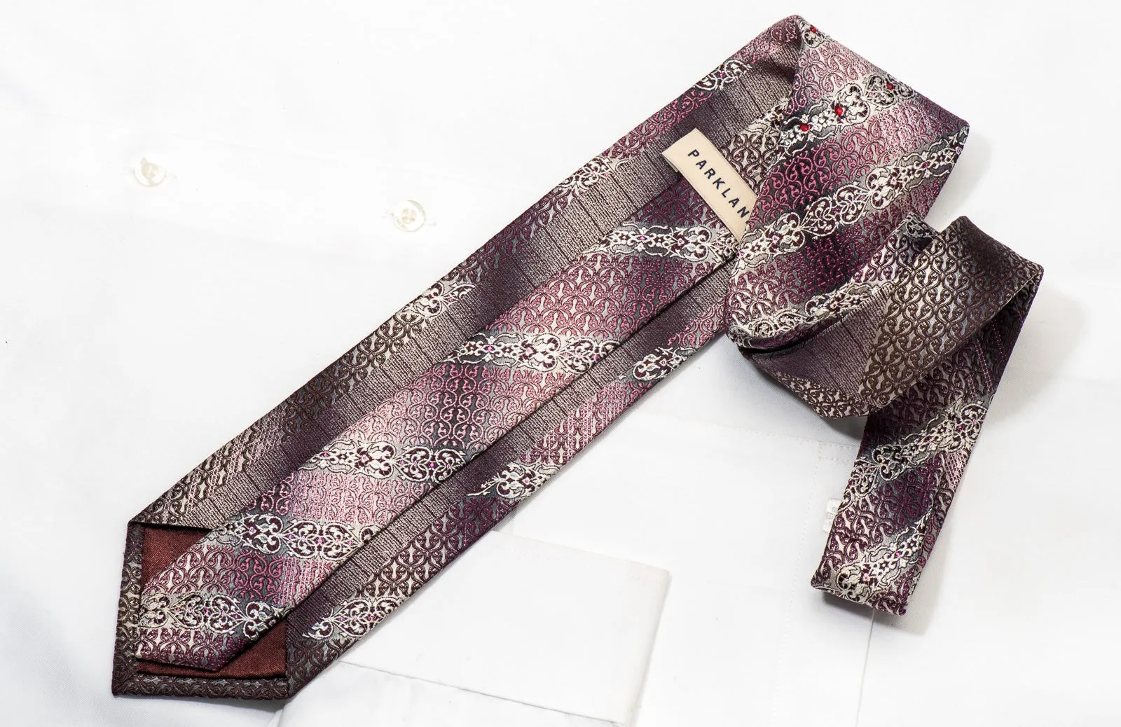 Park Land Men's Silk Necktie Pink Burgundy Cartouche On Silver Sparkling With Rhinestones