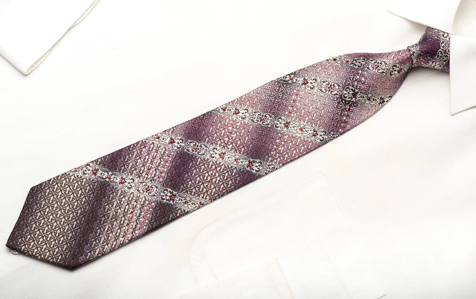 Park Land Men's Silk Necktie Pink Burgundy Cartouche On Silver Sparkling With Rhinestones