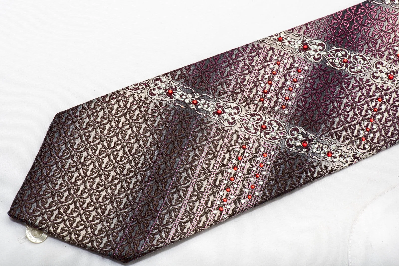 Park Land Men's Silk Necktie Pink Burgundy Cartouche On Silver Sparkling With Rhinestones