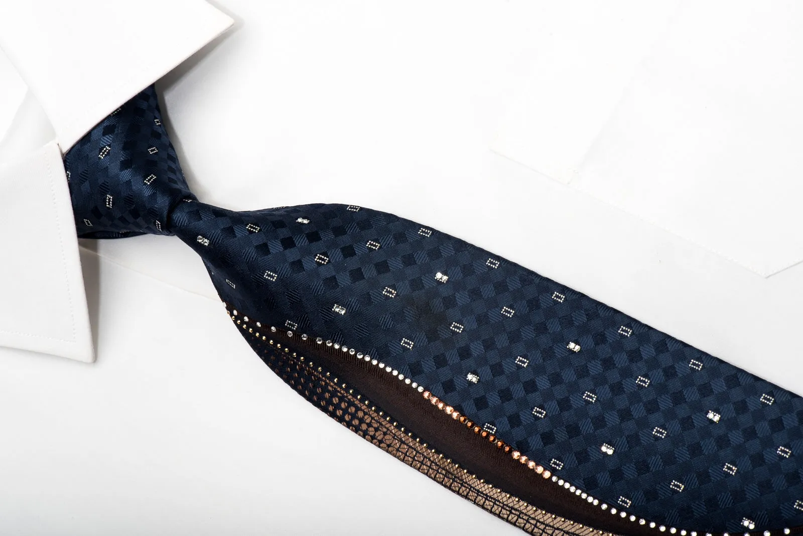 Park Land Mens Silk Rhinestone Necktie Waves On Navy With Silver Sparkles