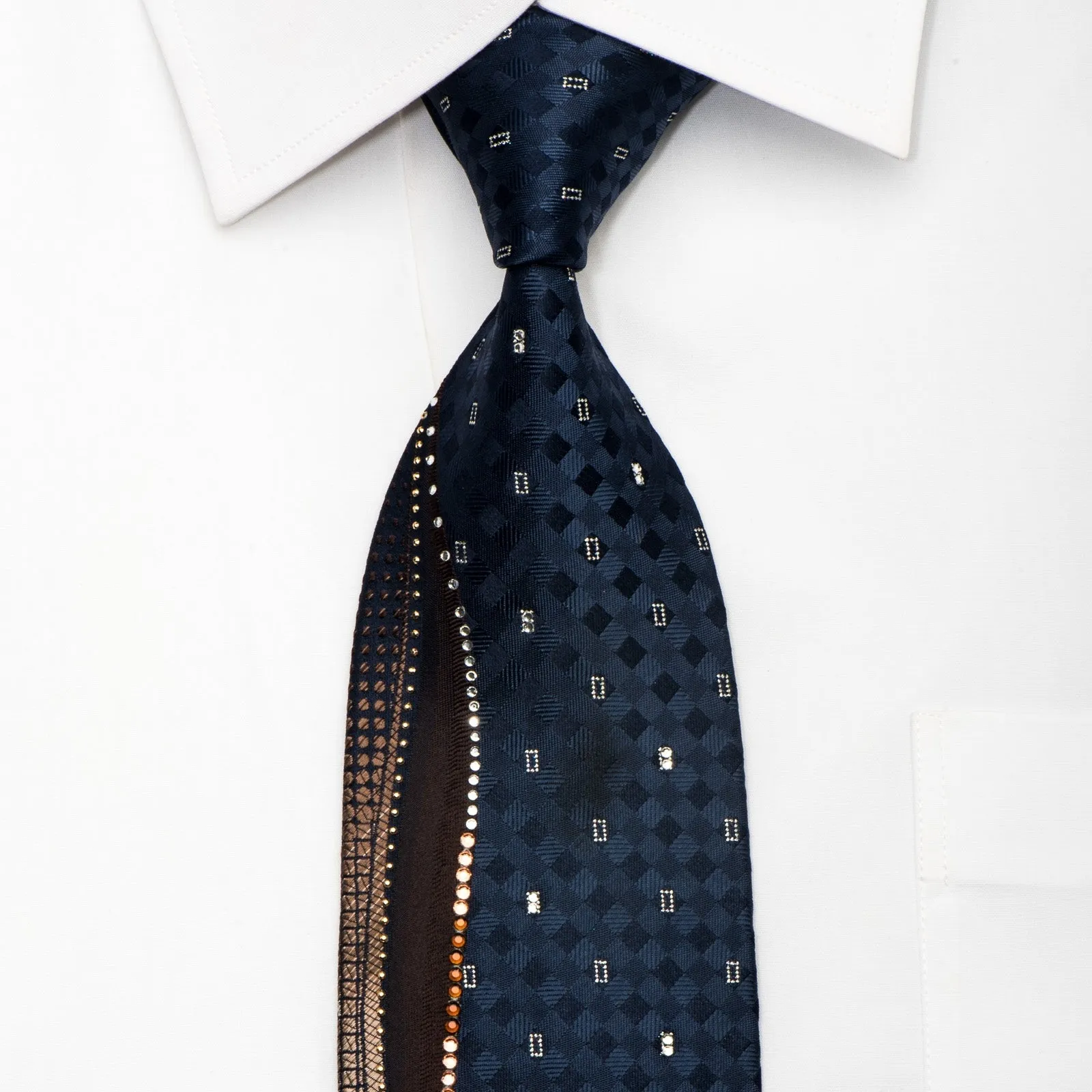 Park Land Mens Silk Rhinestone Necktie Waves On Navy With Silver Sparkles