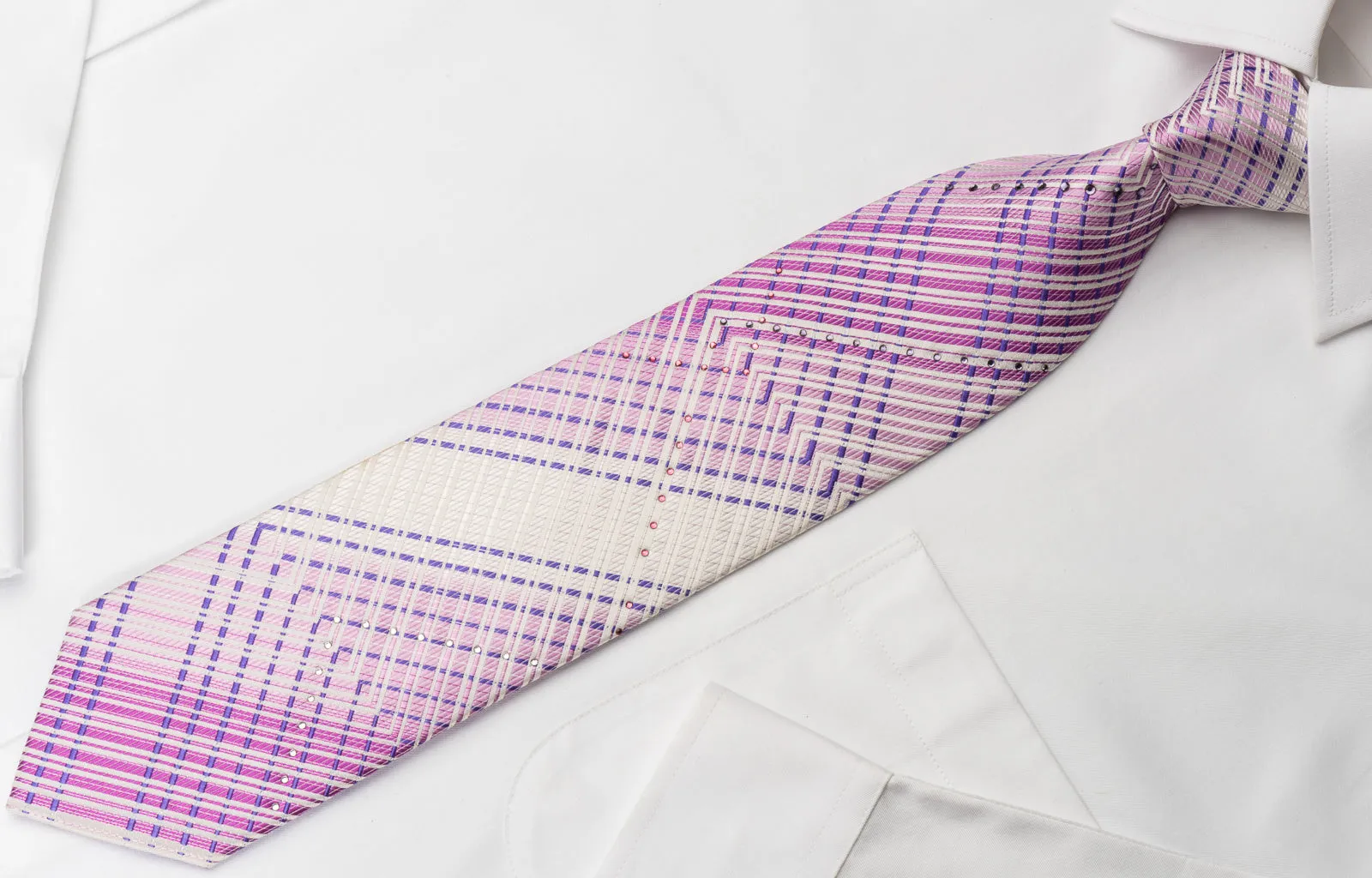 Park Land Rhinestone Necktie Mauve Chevron Striped On White With Silver Sparkles