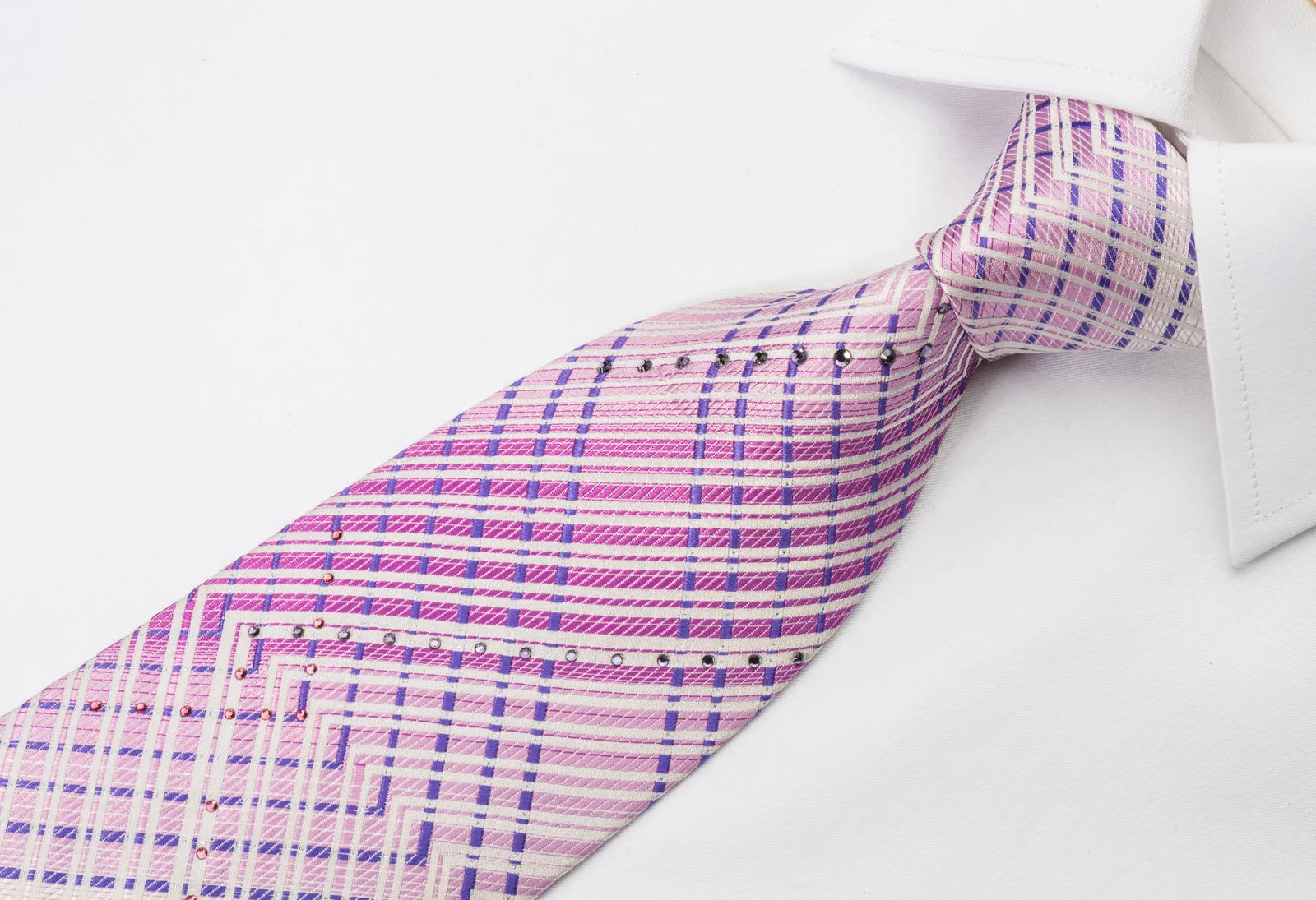 Park Land Rhinestone Necktie Mauve Chevron Striped On White With Silver Sparkles