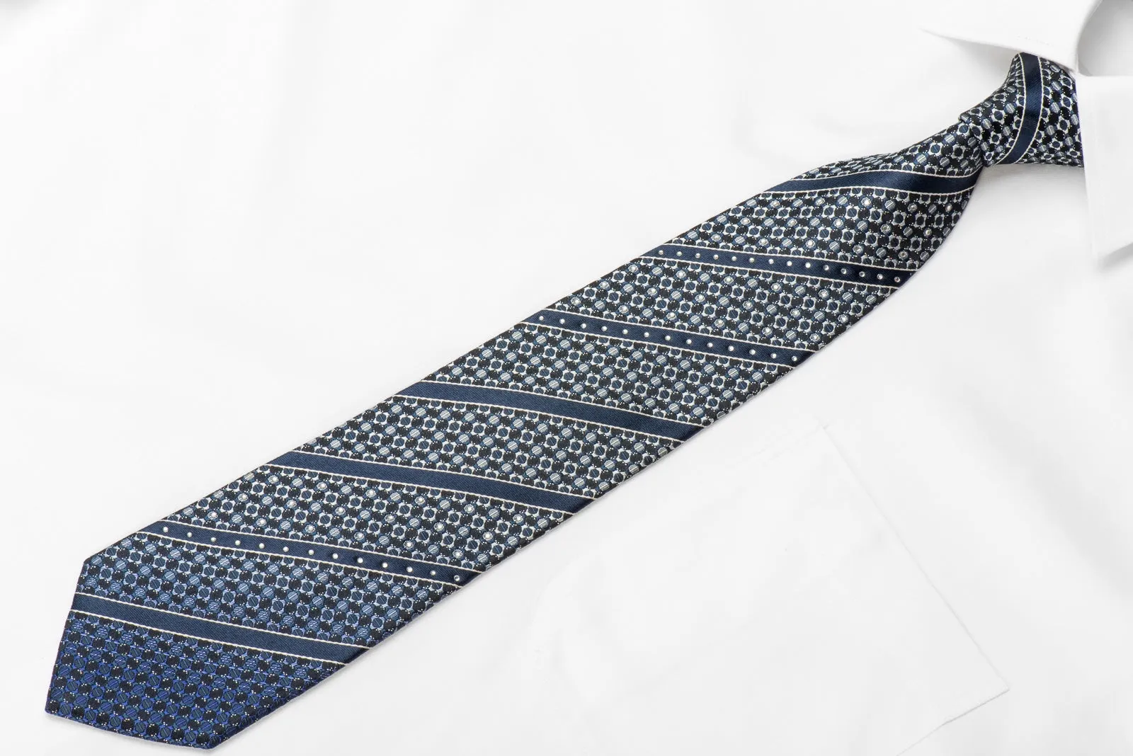 Pierre Cardin Men's Crystal Silk Necktie Silver Geometric & Stripes On Dark Blue With Sparkles