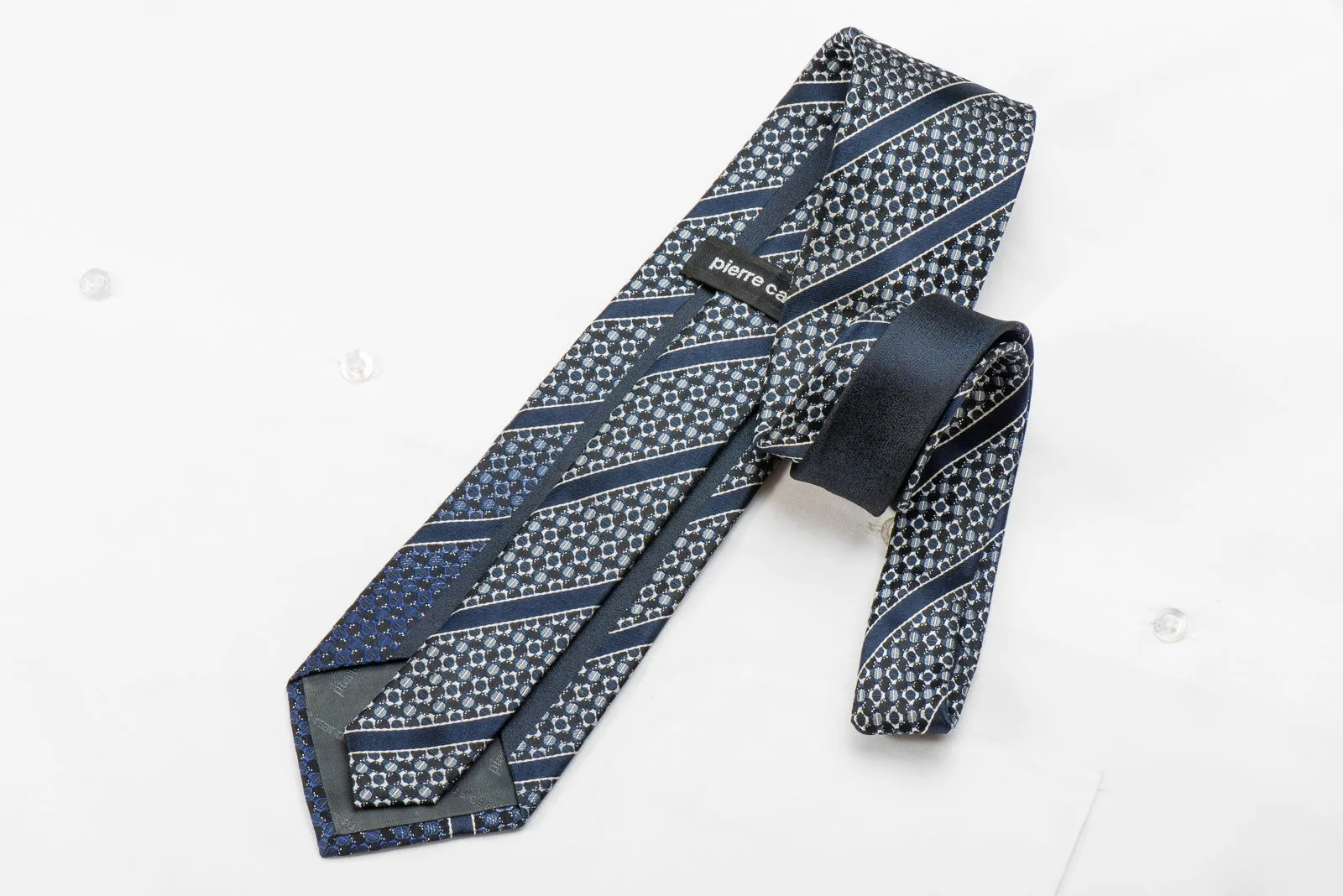 Pierre Cardin Men's Crystal Silk Necktie Silver Geometric & Stripes On Dark Blue With Sparkles